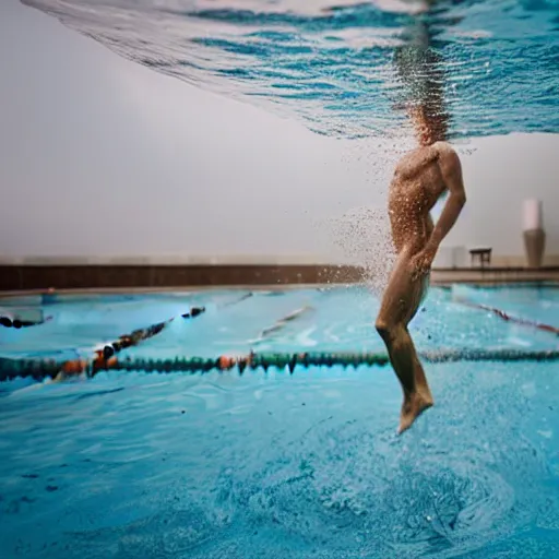 Prompt: swimmer getting out of the pool, dripping water, award - winning photograph