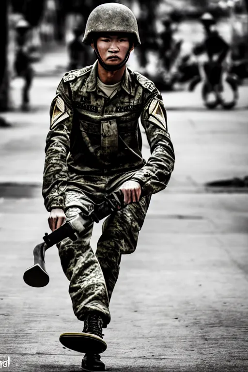 Prompt: vietnam soldier with skateboard, portrait, cinematic, bokeh, extreme detailed, vogue photo style, proportional, dynamic composition, intricate, comfort posse, smooth, sharp focus, body features, ultra realistic, award winning photo, captured by nikon d 8 5 0,, 4 k, full body.