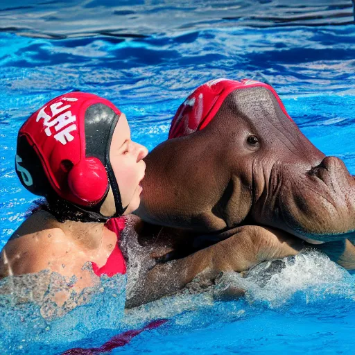 Image similar to hippopotamuses playing water polo with people. sports photograph.