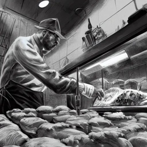 Image similar to low angle view of a butcher working, artwork by craig mullins, high details, octane, unreal engine, from below, worms - eye - view