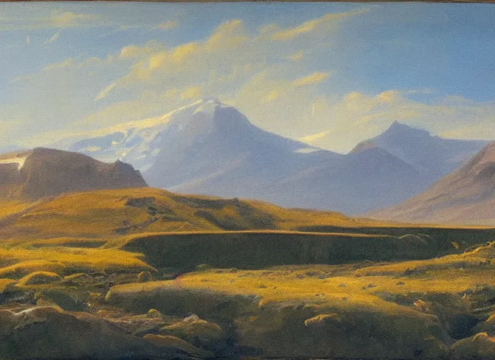 Image similar to vatnajokull national park, iceland in the style of hudson river school of art, oil on canvas