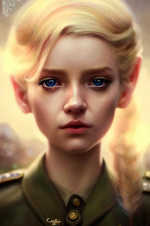 Image similar to cinematic shot of an epic portrait of a cute blonde fairy dressed in military clothes, stylised military clothes, shiny skin, beautiful eyes, beautiful, small details, night setting, realistic poster with volumetric light from craig mallism, artgerm, jeremy lipkin and michael garmash, unreal engine, radiant light, digital art, trends at art station, a masterpiece