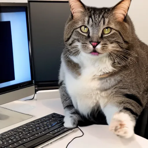 Prompt: giga chad cat sitting at the computer