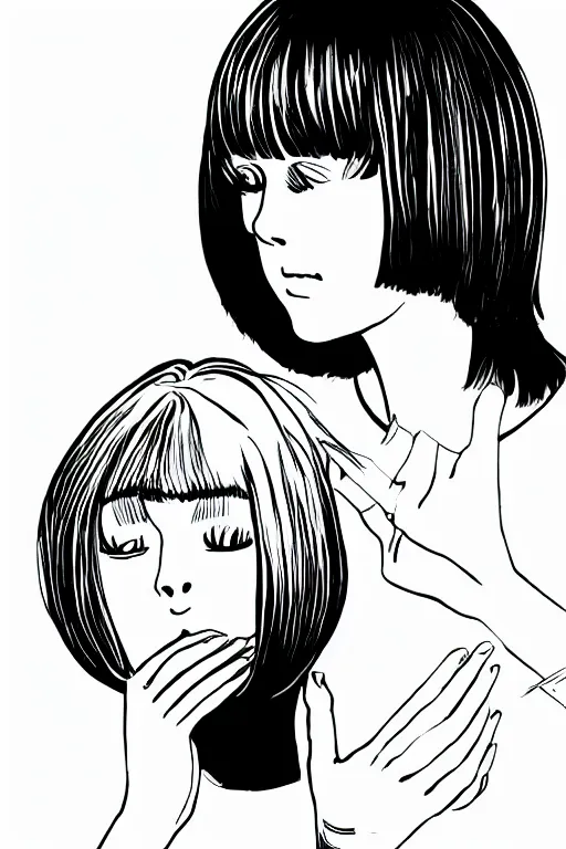 Image similar to portrait of a girl in long pants and a top, hands in pockets, eyes closed, bob haircut, digital art, black and white, lineart by junji ito