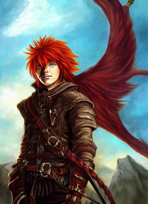 Prompt: epic fantasy portrait painting of a long haired, red headed male sky - pirate in front of an airship in the style of the death note