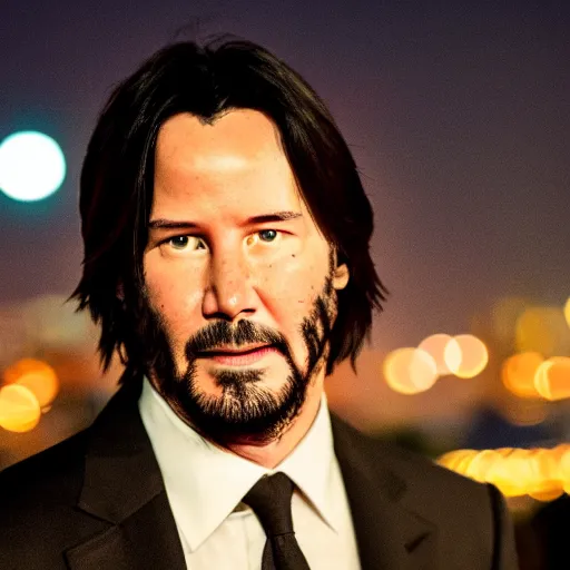 Image similar to a still of Keanu Reeves. Shallow depth of field. City at night in background, lights, colors ,studio lighting, mood, 4K. Profession photography