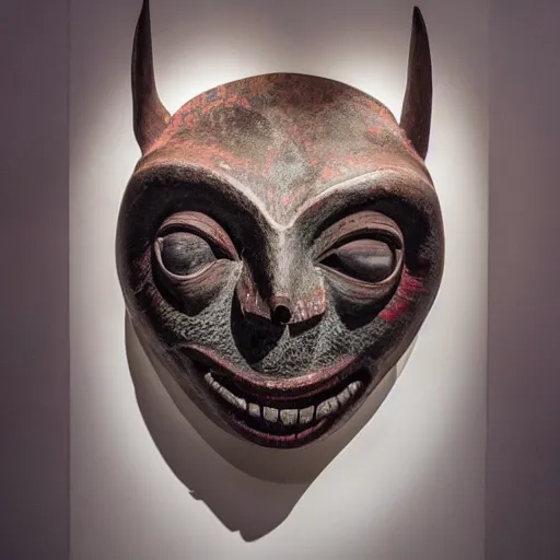 Image similar to traditional alien mask in a museum with spot lights, realistic, photography, photojournalism, national geographic photoshoot