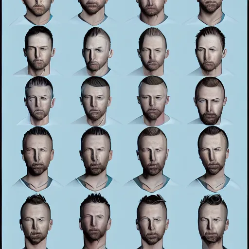 Image similar to versions sprite sheet of variations, hyper realistic, many variations of thom yorke, face variations, various emotions, various poses, high quality, brush stroke, intricate details, beautiful lighting