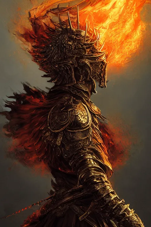 Image similar to portrait of a God made of flame, Dark Souls 3 themed, in style of Ruan Jia, insanely detailed and intricate, golden ratio, elegant, ornate, luxury, elite, matte painting, cinematic, cgsociety, James jean, Brian froud, ross tran, Laputa