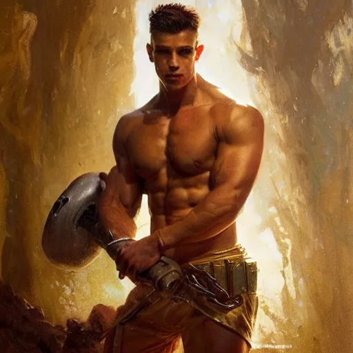 Image similar to handsome portrait of a young guy fitness posing, war hero, flexing abs, radiant light, caustics, reflective, by gaston bussiere, bayard wu, greg rutkowski, giger, maxim verehin