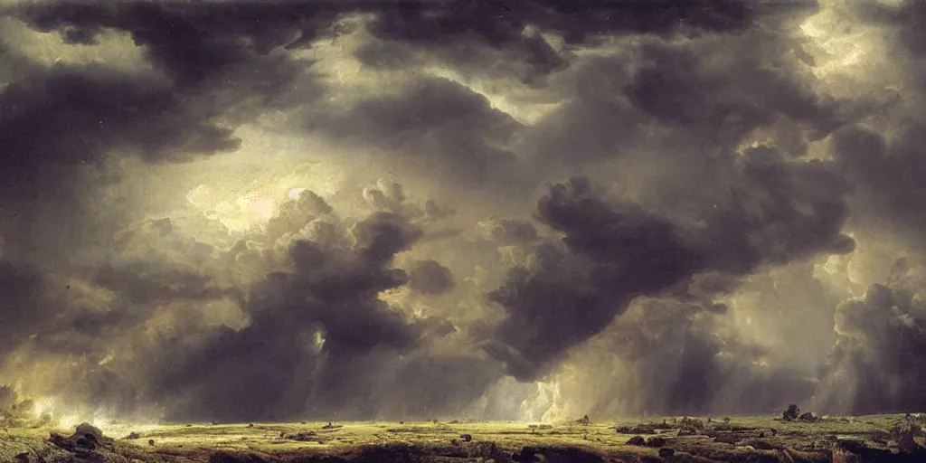 Prompt: an immense storm fills the sky, the ground shatters cataclysmicly, Ivan Shishkin and John Martin