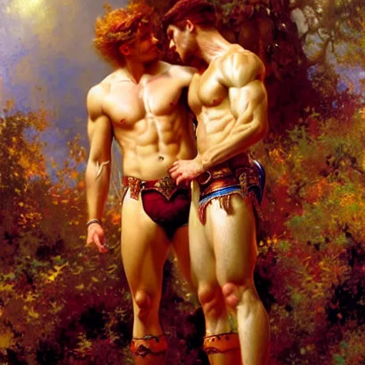 Image similar to attractive muscular mike with ginger hair with muscular attractive tyler with brunet hair, drinking their hearts out, in their noble mansion. highly detailed painting by gaston bussiere, craig mullins, j. c. leyendecker 8 k