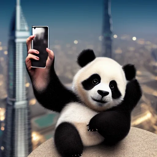 Image similar to A cute Panda taking a selfie on top of Burj Khalifa, hyperrealistic, highly detailed, depth of field, High definition, 8k, octane render, artstation