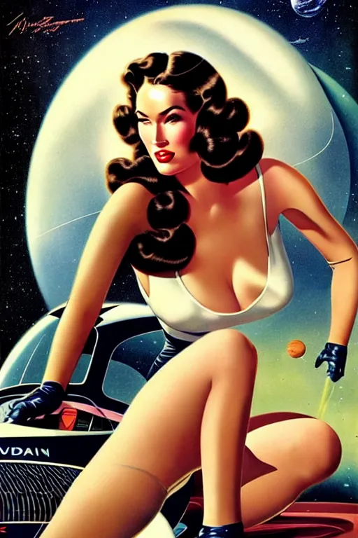 Image similar to beautiful retro space megan fox varga girl sitting on a space car in diesel punk city, windblown dark hair, retro pinup model, seductive, 1 9 4 0, glamour pose, intricate, smoke, hyper detailed, digital art, smooth, sharp focus, alberto vargas, gil elvgren, greg rutkowski, propaganda poster