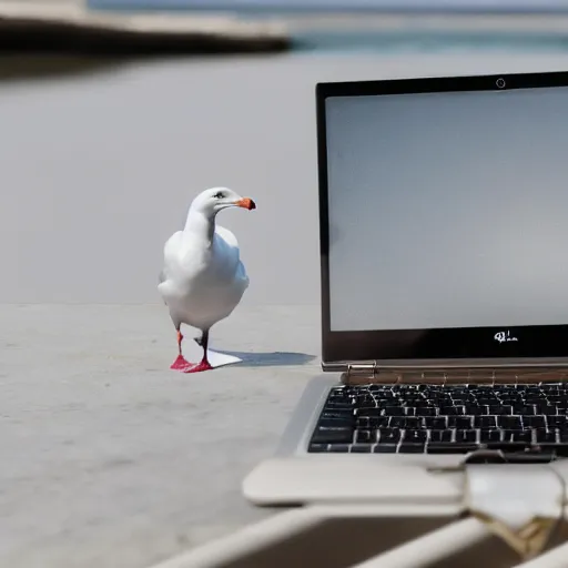 Image similar to a seagull angrily typing on a laptop