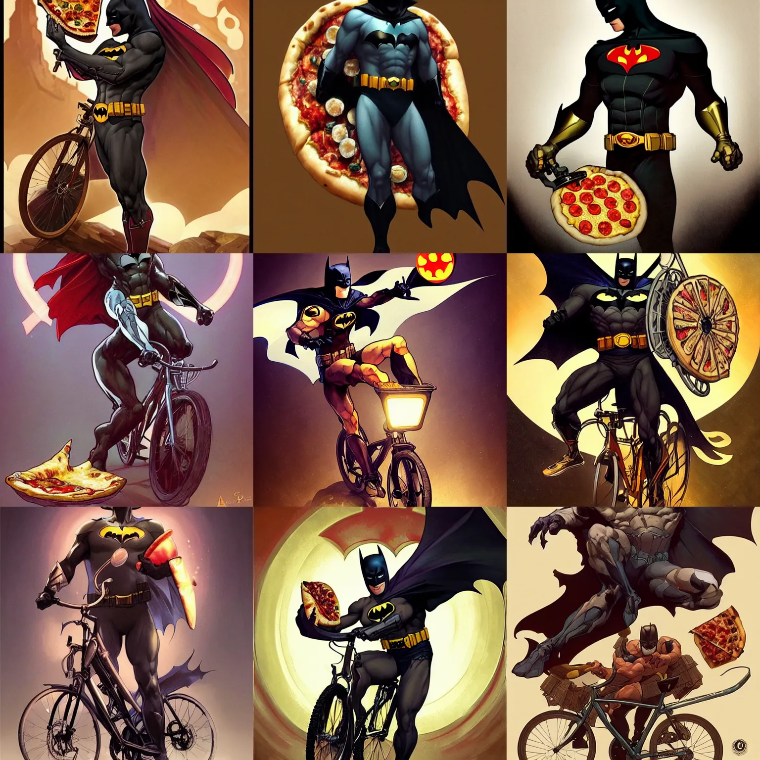 Prompt: digital character concept art by artgerm and greg rutkowski and alphonse mucha. batman as pizza delivery on bicycle, beautiful, holding a stuff, detailed, poster art, light effect, glowing, hyper detail, intricate, elegant, digital painting, artstation, smooth, sharp focus