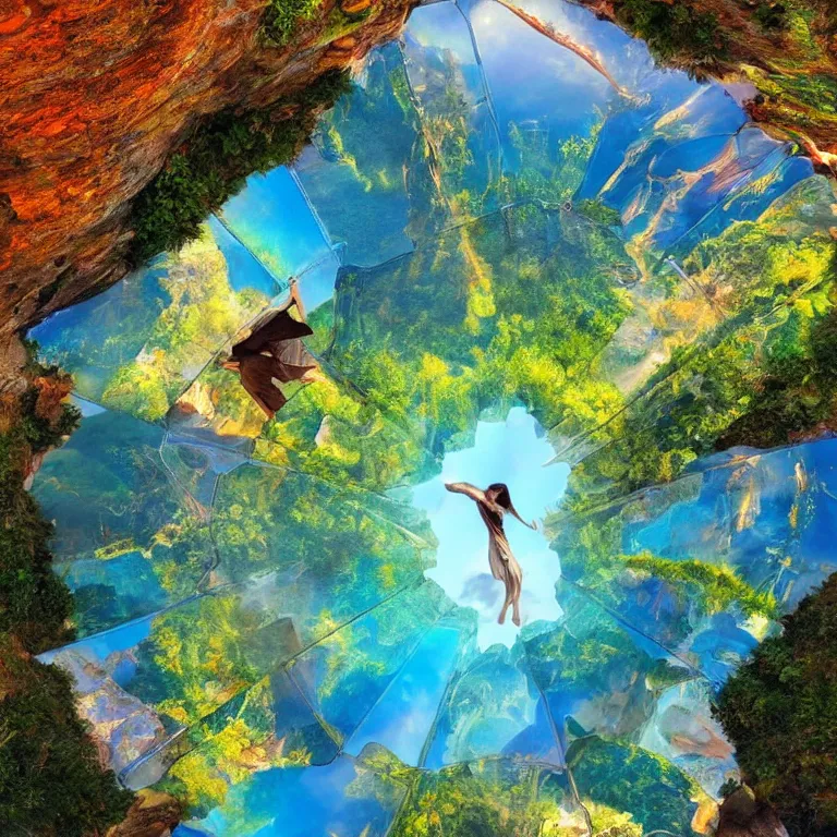 Prompt: glass floor, under which various natural beautiful landscapes in beautiful colored light, fantasy world everything is drawn in detail, fantasy art