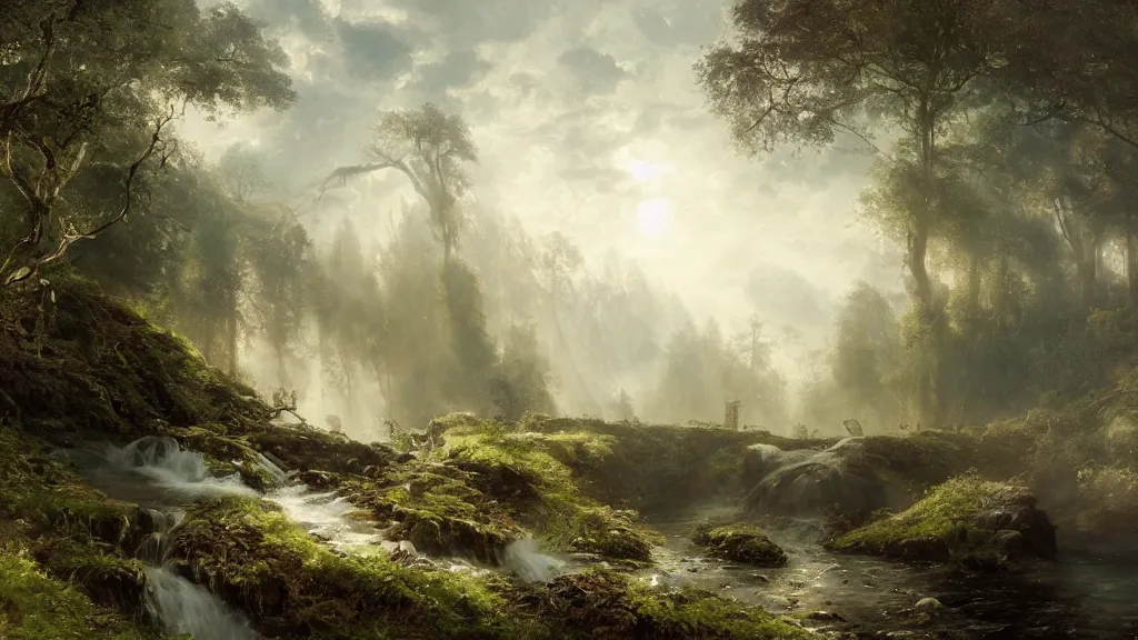 Image similar to [ searching for tom bombadil ] andreas achenbach, artgerm, mikko lagerstedt, zack snyder, tokujin yoshioka