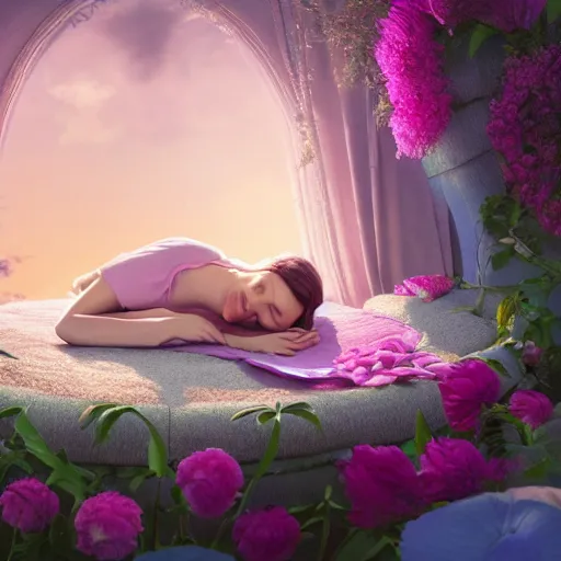 Prompt: girl sleeping on a big flower, illustrated painting, incredible details, highly detailed, photorealistic, disney pixar, smooth, octane render, iridescent, 8 k