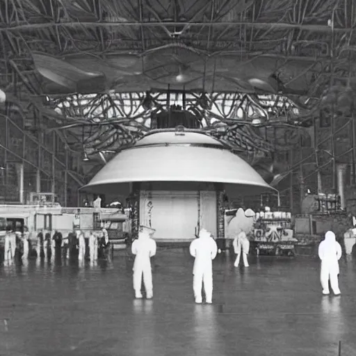 Image similar to flying saucer, ufo, alien ship inside a hanger, old photo, vintage photo, grainy, realistic, real photo, men in hazmat suits standing around