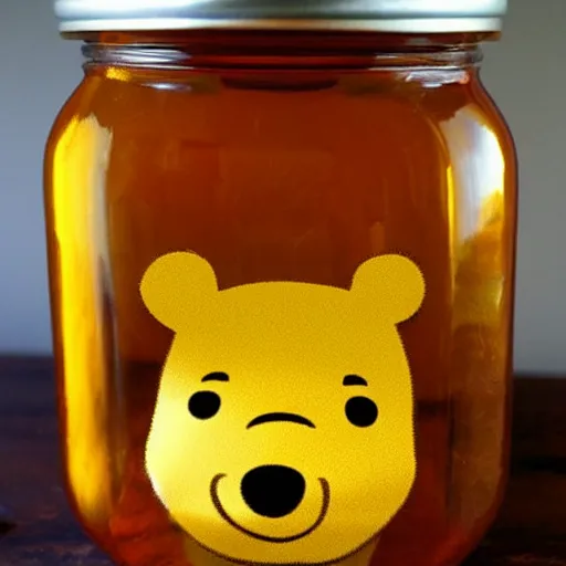 Image similar to a tiny winnie the pooh head = a jar of honey, surreal, realism