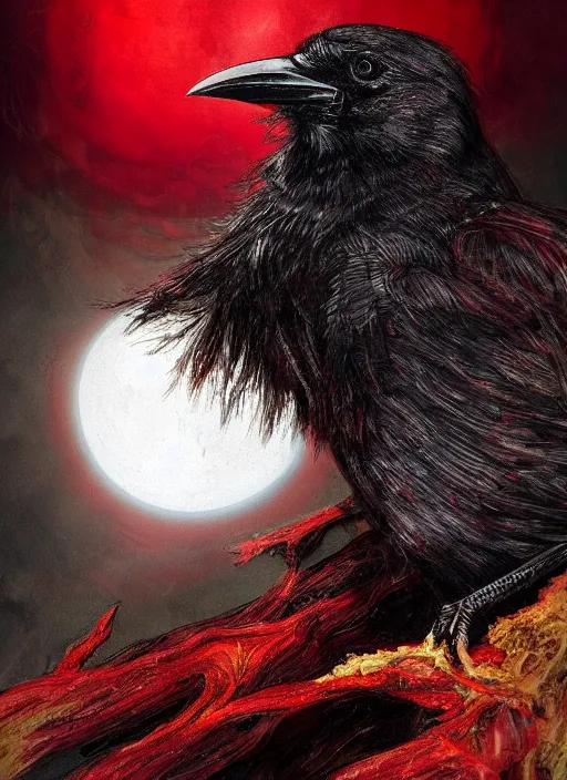 Prompt: red and golden color details, portrait, A crow with red eyes in front of the full big moon, book cover, red tree, red white black colors, establishing shot, extremly high detail, foto realistic, cinematic lighting, by Yoshitaka Amano, Ruan Jia, Kentaro Miura, Artgerm, post processed, concept art, artstation, raphael lacoste, alex ross, portrait, A crow with red eyes in front of the full big moon, book cover, red roses, red white black colors, establishing shot, extremly high detail, photo-realistic, cinematic lighting, by Yoshitaka Amano, Ruan Jia, Kentaro Miura, Artgerm, post processed, concept art, artstation, raphael lacoste, alex ross