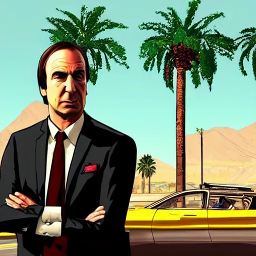 Image similar to Saul Goodman in GTA V . Los Santos in the background, palm trees. In the art style of Stephen Bliss.