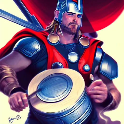 Image similar to thor playing the bongos, comic style by guweiz and stanley artgerm, extremely high quality artwork, very detailed, trending on artstation