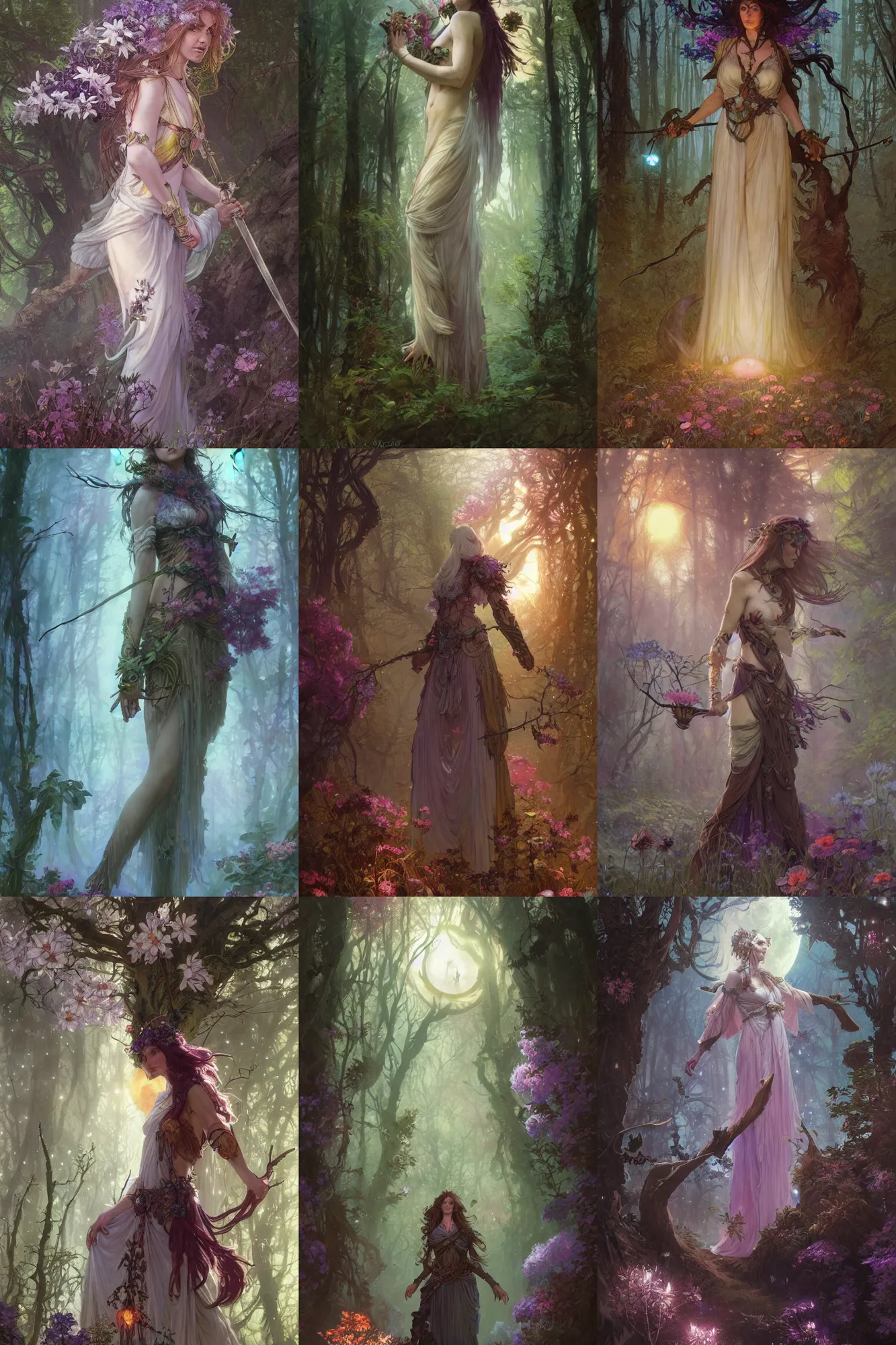 Prompt: epic fantasy D&D woman druid, old dark forest, full body shot, moon, flowers, magic, full color spectrum light, detailed illustration, hd, 4k, overdetailed art, by greg rutkowski, by Alfons Mucha, complementing colors