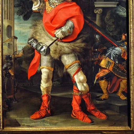 Image similar to donald trump, wearing knight ’ s armor, holding a spectacular broadsword, by annibale carracci, two arms, two legs