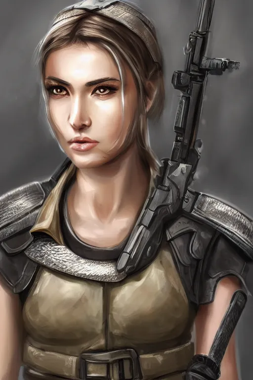 Prompt: female mercenary guard, pretty face, ultra detailed, digital art, 8k ,character ,realistic, portrait, hyperrealistic