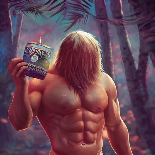 Prompt: muscleman with peyote tea at jungle campfire full moon atmospheric octane render ultra photorealistic hyper detailed, trending on cgsociety, 4 k, award - winning, very extremely beautiful, gorgeous, dnd, fantasy