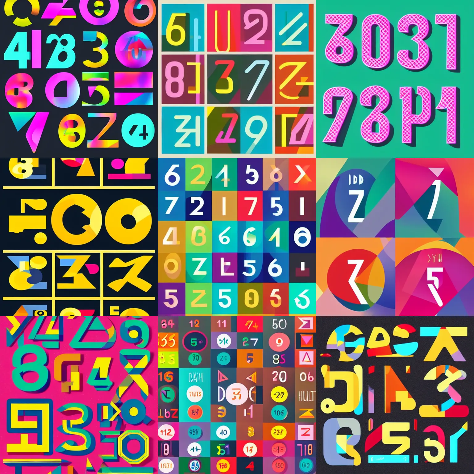 Prompt: a set of colorful geometric font and numbers, vector art by Alfred Manessier, behance, international typographic style