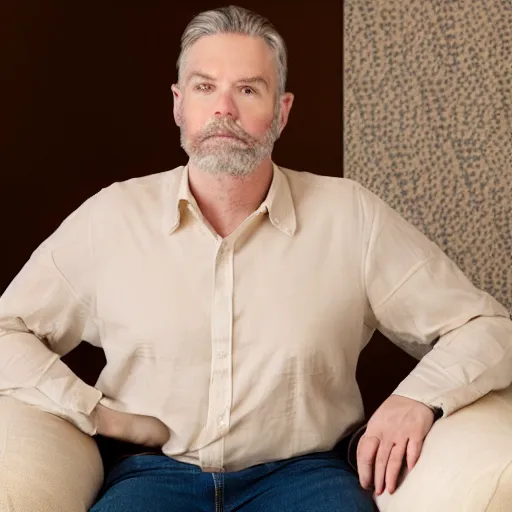 Prompt: full body artistic photo of steve, mature male, wise face. he is a doctor. he is sitting gracefully on a sofa, elegant tight beige shirt. he has enormous belly