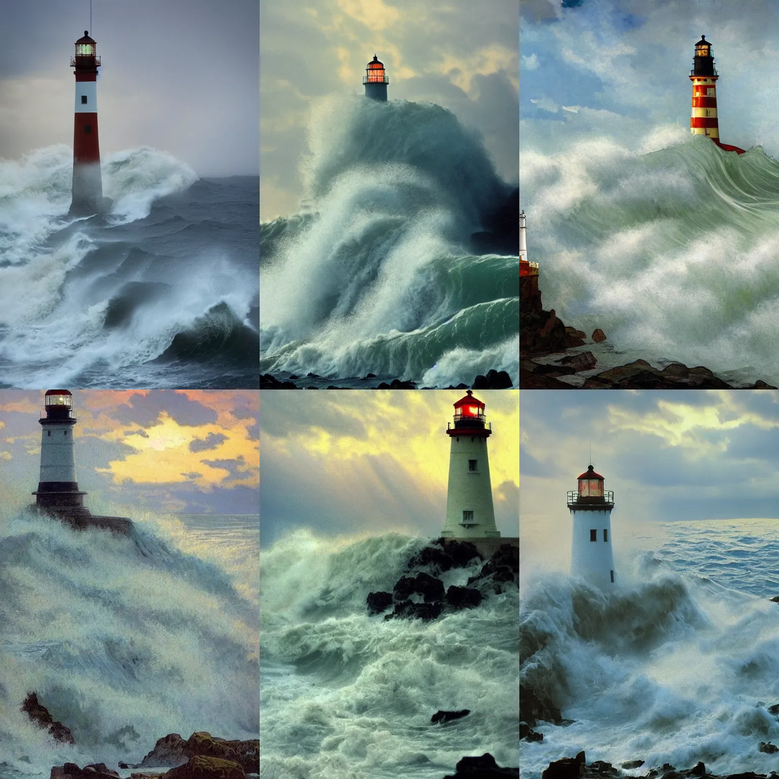 Prompt: huge waves crashing over a lighthouse on rocks with huge, very huge waves, scenic full shot, ambient lighting, stormy sky, god rays, alphonse mucha, aubrey beardsly