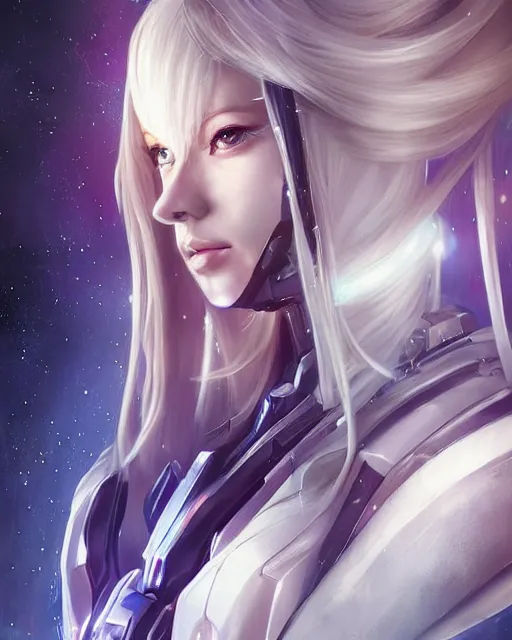 Prompt: beautiful girl on a mothership, android, warframe armor, pretty face, scifi, futuristic, galaxy, raytracing, dreamy, perfect!!!, digital painting, long white hair, blue cyborg eyes, sharp focus, concept art, highly detailed, artstation, intricate, innocent, art by gauthier leblanc, kazuya takahashi, huifeng huang