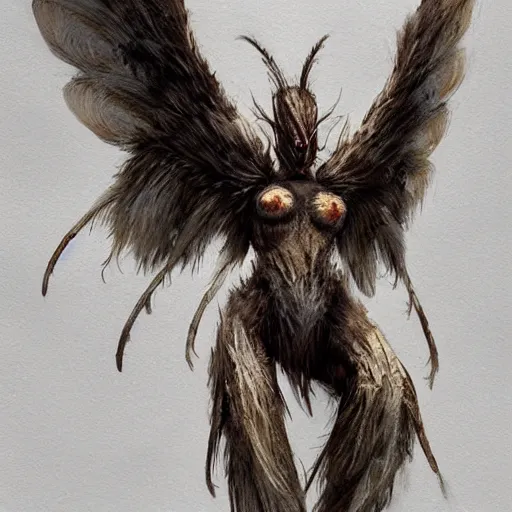 Prompt: white and brown mothman female by greg rutkowski, insect face, creature, hybrid, detailed wings