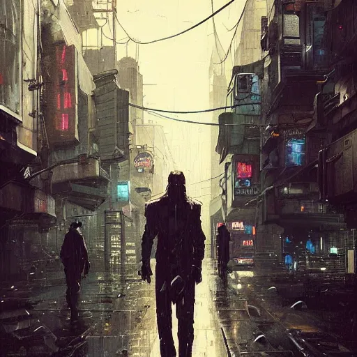 Prompt: a man standing in a cyberpunk street the men's casual walking the background is the cyberpunk city and it's raining by greg rutkowski