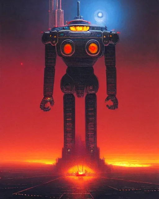 Image similar to giant robot with ominously glowing red eyes stands on top of city that is on fire, concept art, intricate details, highly detailed, in the style of chris foss, rodger dean, moebius, michael whelan, and gustave dore