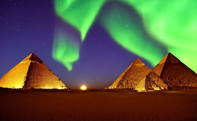 Image similar to The great pyramids with green aurora lights in the sky absolutely stunning