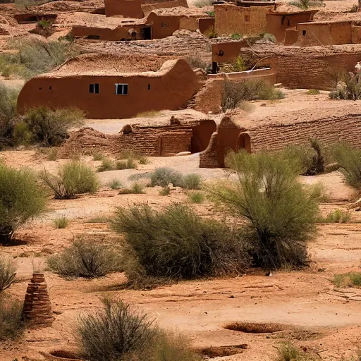 Image similar to A village of mud and bricks houses perched on top a wide mesa, in the Arizona desert. Scenic view, trending on 500px