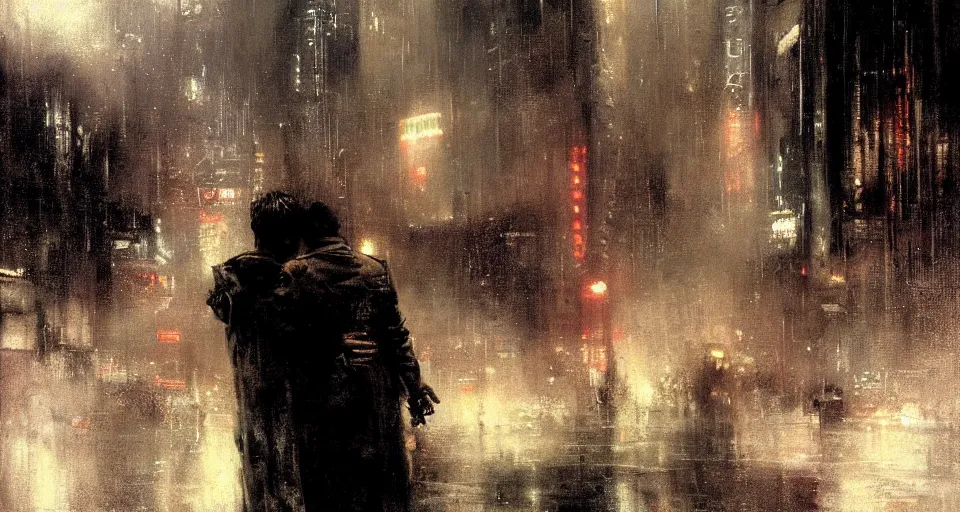 Prompt: an emotional scene from bladerunner, by jeremy mann, peter elson.