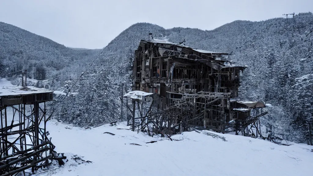 Prompt: beautiful Nier Automata landscape at an abandonned ski station, near a chairlift, winter