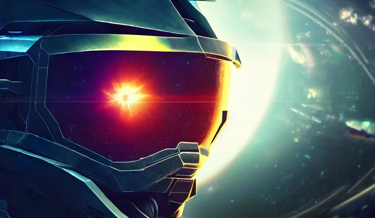 Image similar to cyberpunk halo helmet on space, planet behind, close shot, reflection, epic, dramatic, cinematic, award winning, ultra detailed, realistic, 8k,