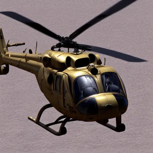 Image similar to Bell UH-1 Helicopter flying over the desert at dawn high detail realistic octane render accurate