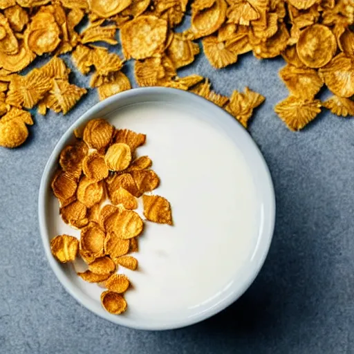 Image similar to professional photo of a bowl of cornflakes in milk on a yellow table shot from above