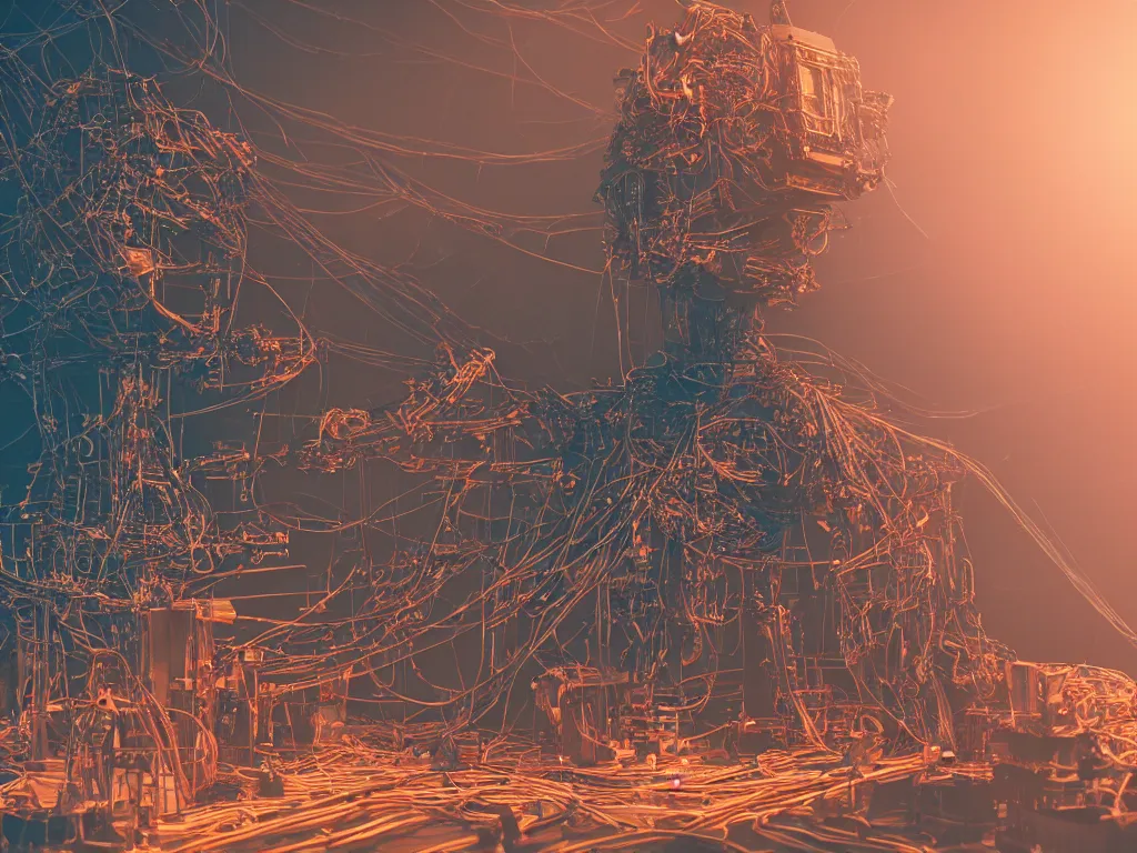 Prompt: a baroque machine, robot god constructed out of modular synthesizer components sits upon a throne cables, wires and discarded components in vast hall, macro photography, long exposure photograph, surrealism, anamorphic bokeh, warm, soft light, orange and teal, caustic, atmospheric fog, octane render, cinematic