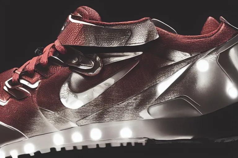 Prompt: mid product still of The New metallic Ironman Nike sneakers with glowing arc reactor swoosh, 4k