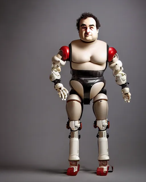 Image similar to Highly detailed robot remote controlled animatronic half scale doll toy in the likeness of John Belushi’s Bluto from Animal House, Studio Lighting