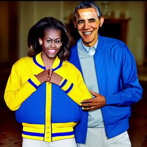 Image similar to realistic photo of casual barack obama wearing a royal blue varsity jacket with yellow sleeves